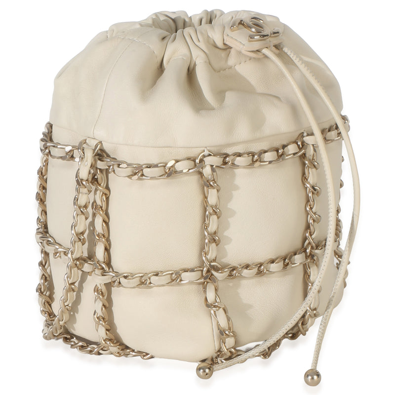 Chanel White Lambskin Chain Frame Drawstring Bucket Bag Neutral; Leather Handbag
