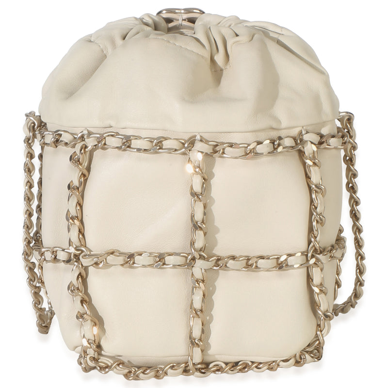 Chanel White Lambskin Chain Frame Drawstring Bucket Bag Neutral; Leather Handbag