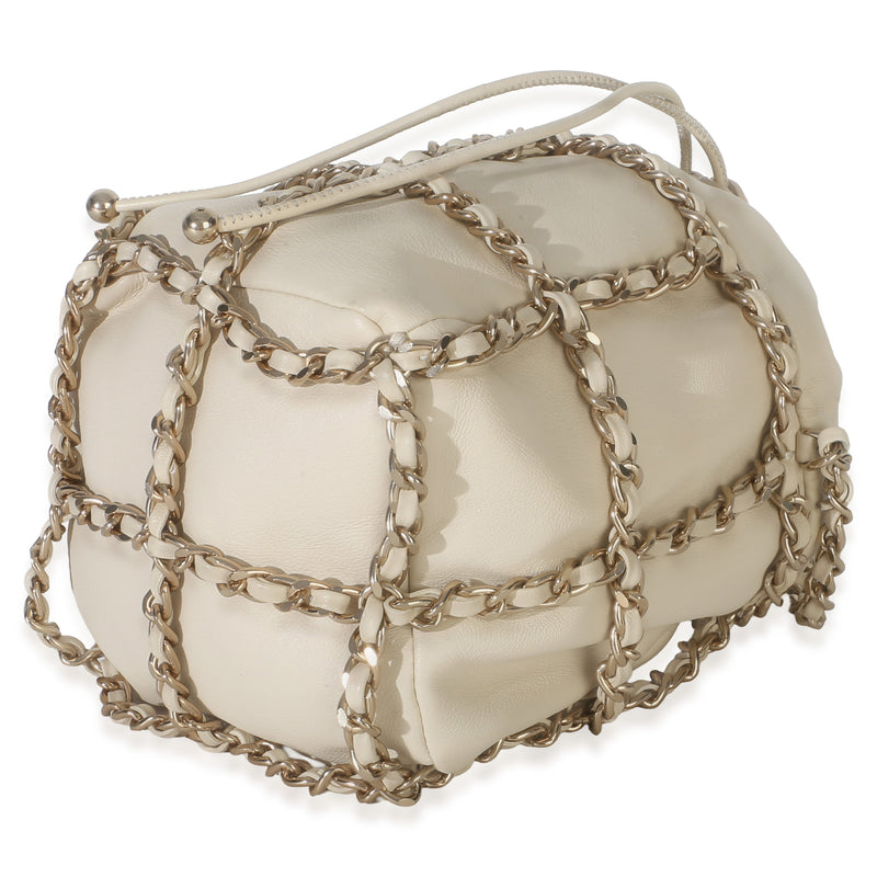 Chanel White Lambskin Chain Frame Drawstring Bucket Bag Neutral; Leather Handbag