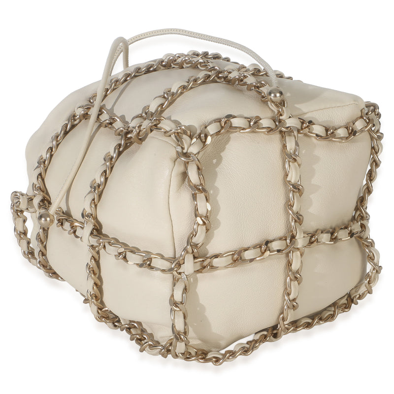 Chanel White Lambskin Chain Frame Drawstring Bucket Bag Neutral; Leather Handbag