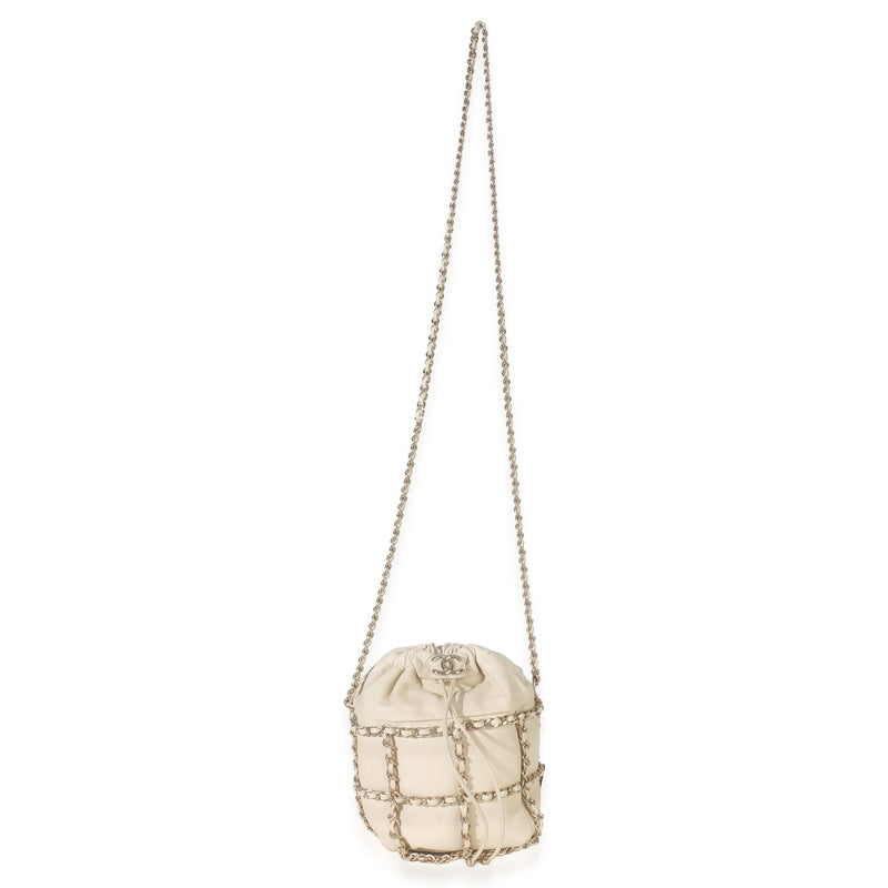 Chanel White Lambskin Chain Frame Drawstring Bucket Bag Neutral; Leather Handbag