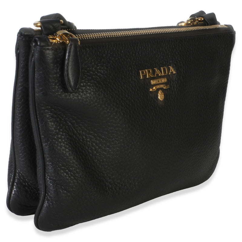 Prada Black Vitello Phenix Double Zip Crossbody Bag Leather Handbag