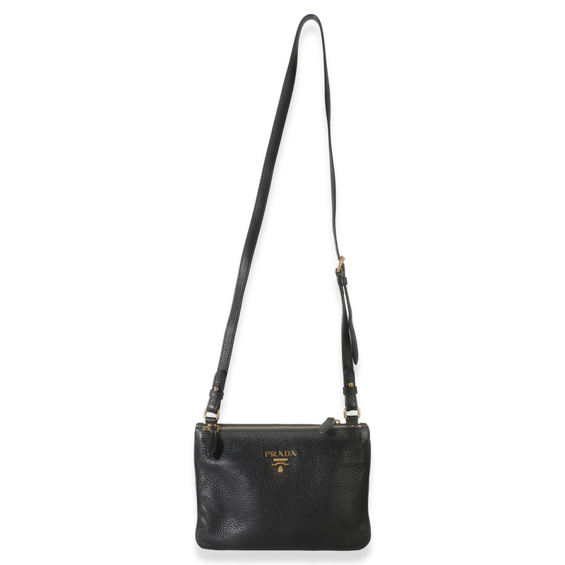 Prada Black Vitello Phenix Double Zip Crossbody Bag Leather Handbag