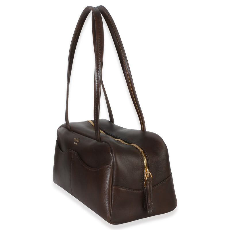 Prada Cocoa Brown Antiqued Calfskin Large Carry Shoulder Bag Leather Handbag