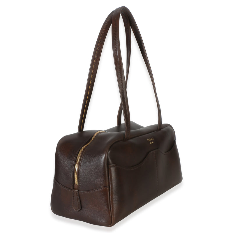 Prada Cocoa Brown Antiqued Calfskin Large Carry Shoulder Bag Leather Handbag