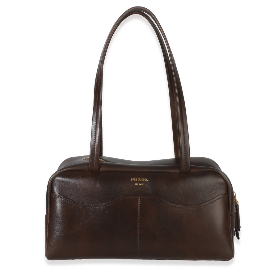 Prada Cocoa Brown Antiqued Calfskin Large Carry Shoulder Bag Leather Handbag