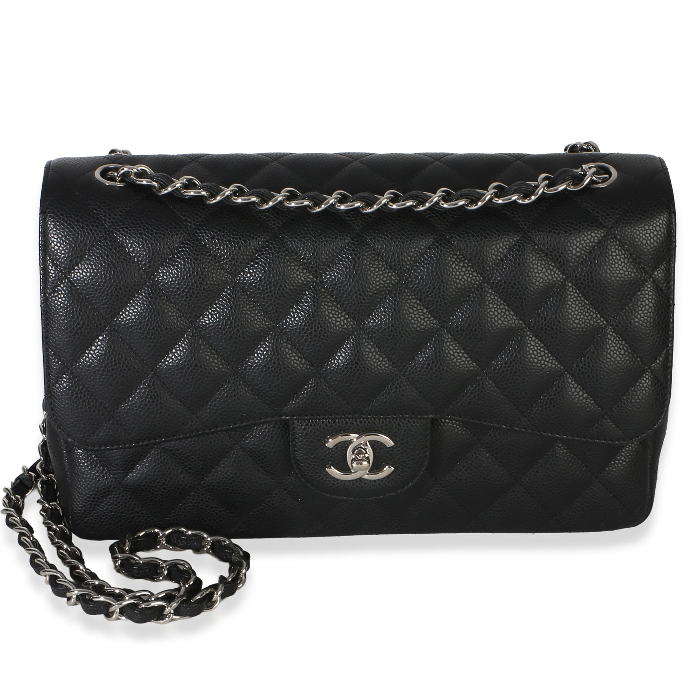 Chanel Black Quilted Caviar Jumbo Double Flap Handbag Leather