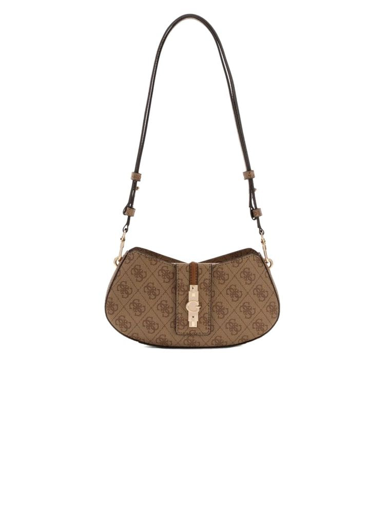 Guess Logo-Patterned Polyurethane Shoulder Bag — Beige