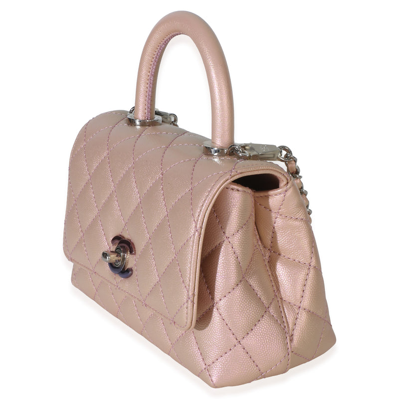 Chanel Light Pink Iridescent Quilted Caviar Mini Coco Top Handle Flap Bag Metallic; Leather Handbag