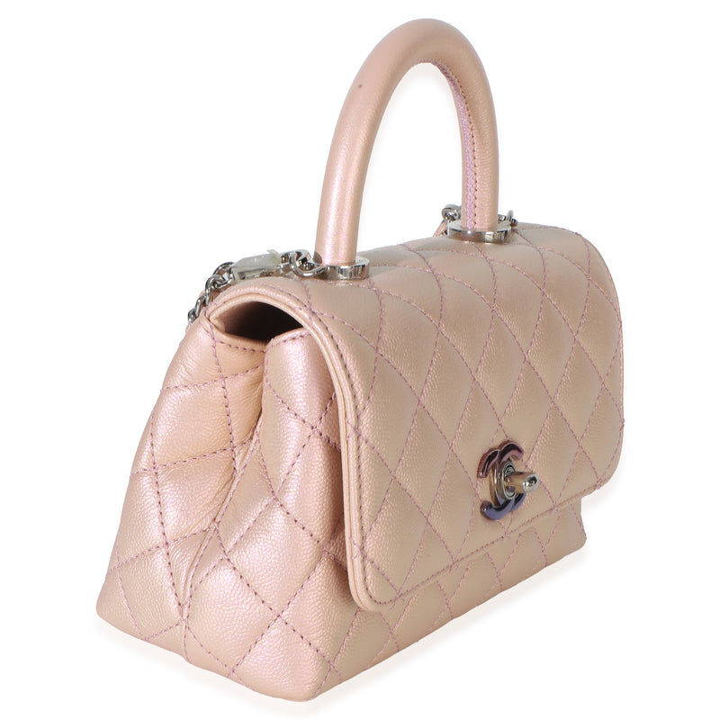 Chanel Light Pink Iridescent Quilted Caviar Mini Coco Top Handle Flap Bag Metallic; Leather Handbag