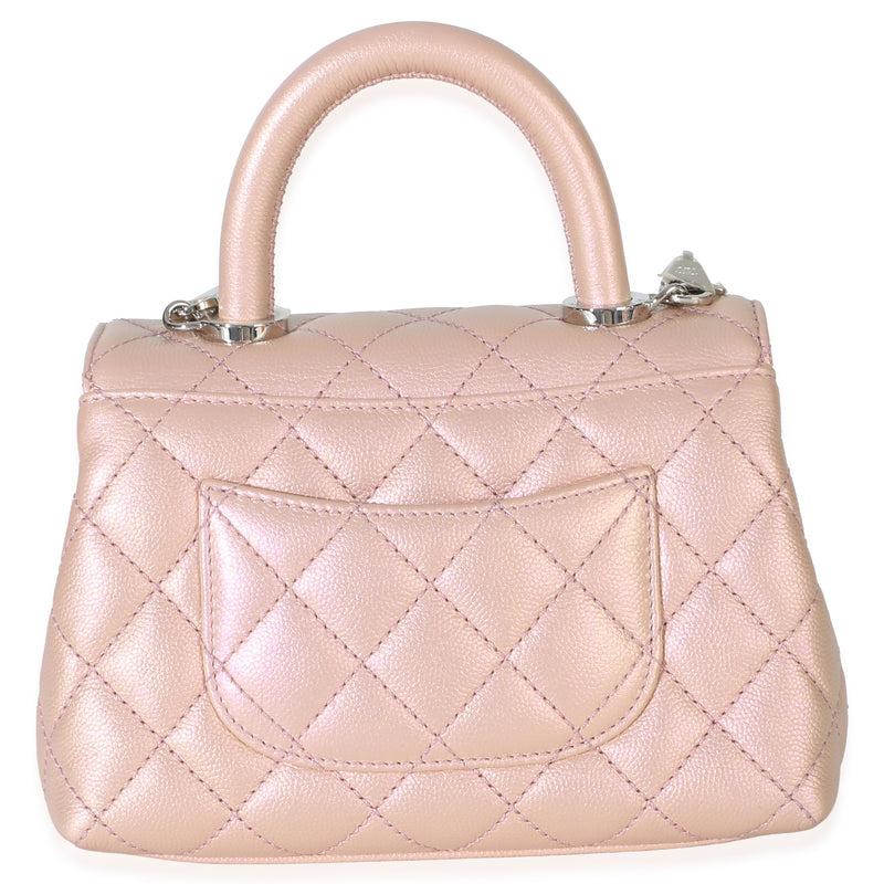 Chanel Light Pink Iridescent Quilted Caviar Mini Coco Top Handle Flap Bag Metallic; Leather Handbag
