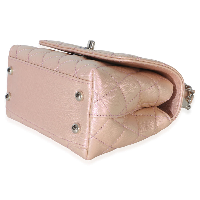 Chanel Light Pink Iridescent Quilted Caviar Mini Coco Top Handle Flap Bag Metallic; Leather Handbag