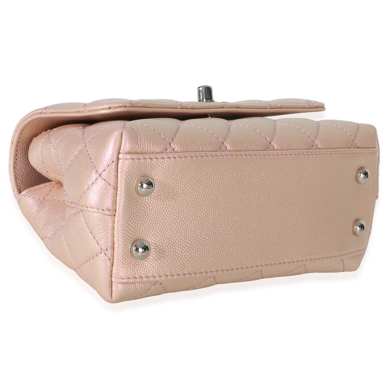 Chanel Light Pink Iridescent Quilted Caviar Mini Coco Top Handle Flap Bag Metallic; Leather Handbag