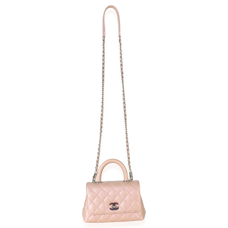 Chanel Light Pink Iridescent Quilted Caviar Mini Coco Top Handle Flap Bag Metallic; Leather Handbag