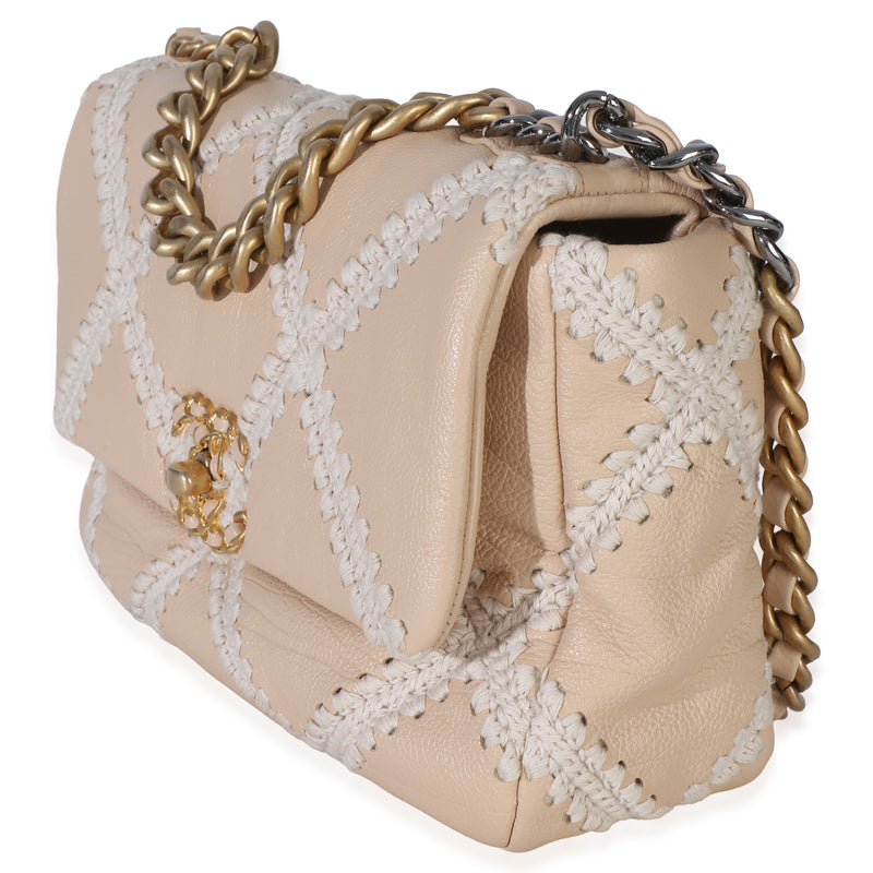 Chanel Beige Calfskin Crochet Medium 19 Flap Bag Leather Handbag