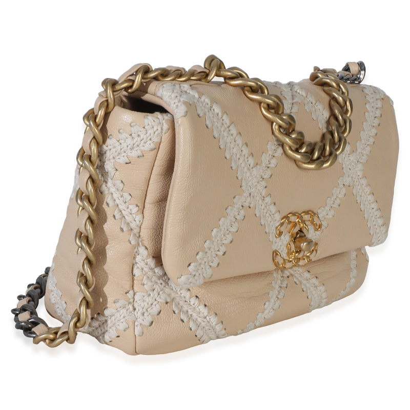Chanel Beige Calfskin Crochet Medium 19 Flap Bag Leather Handbag