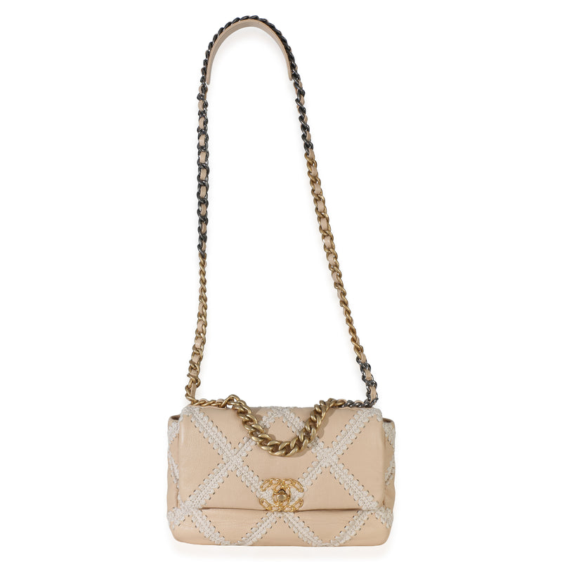 Chanel Beige Calfskin Crochet Medium 19 Flap Bag Leather Handbag