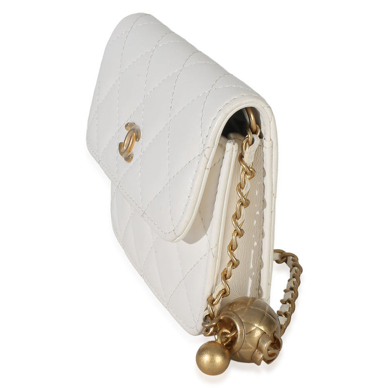 Chanel White Quilted Lambskin Pearl Crush Clutch With Chain Leather Handbag