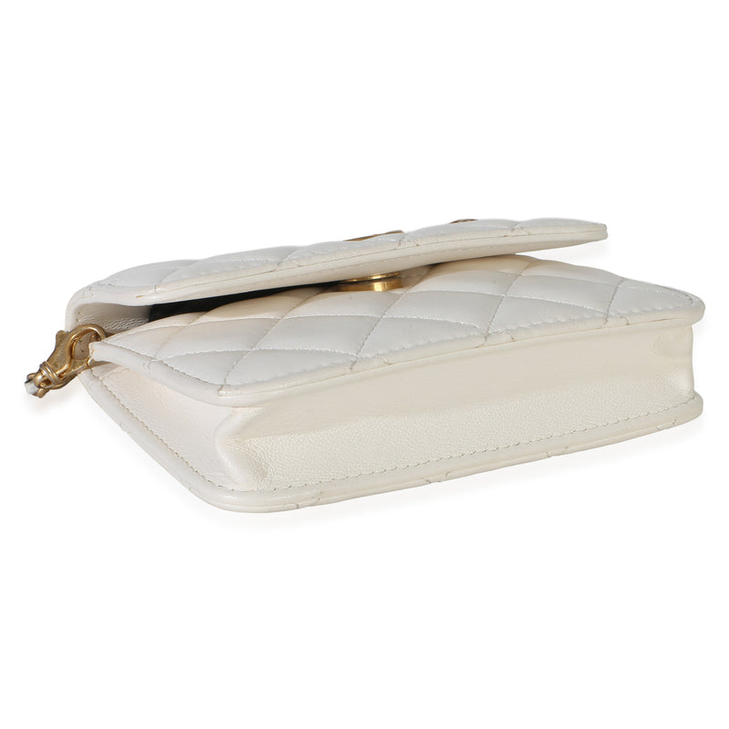 Chanel White Quilted Lambskin Pearl Crush Clutch With Chain Leather Handbag