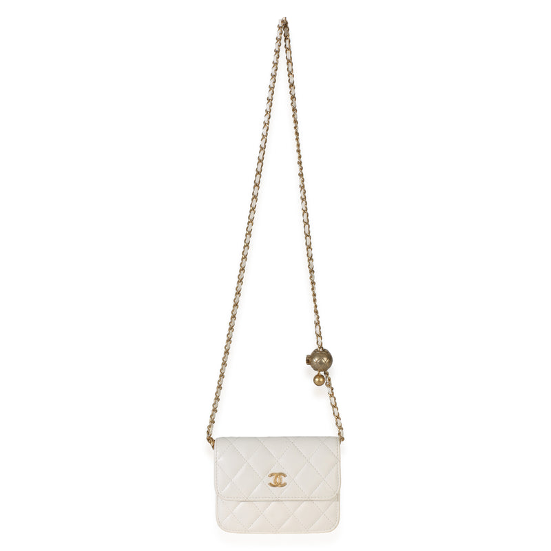Chanel White Quilted Lambskin Pearl Crush Clutch With Chain Leather Handbag