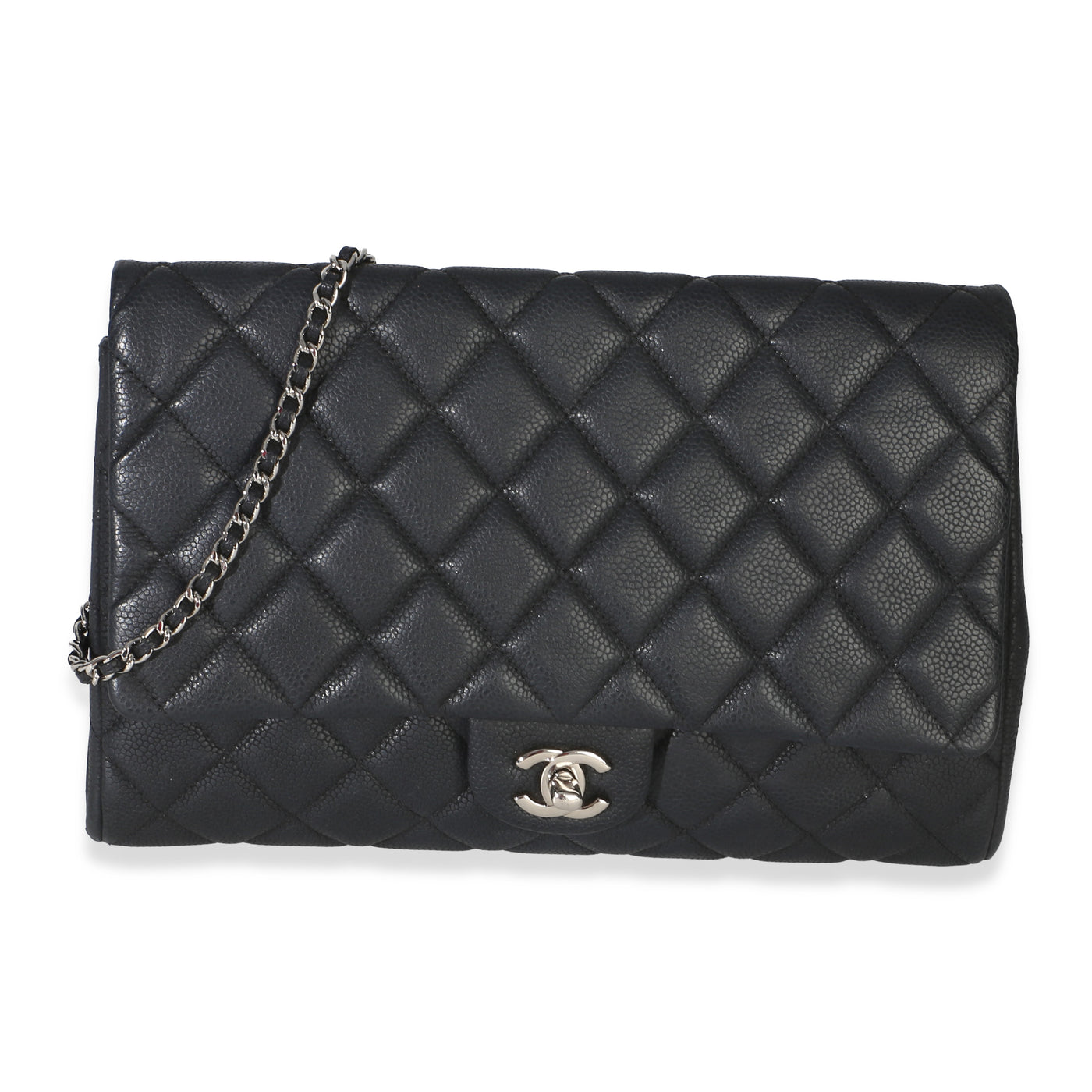 Chanel Black Quilted Caviar Clutch On Chain Leather Handbag