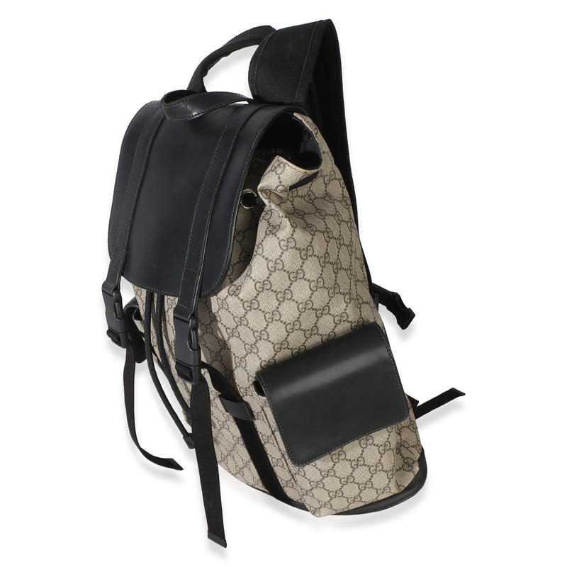 Gucci Beige Black Gg Supreme Canvas Double Buckle Backpack Brown Canvas; Leather Handbag