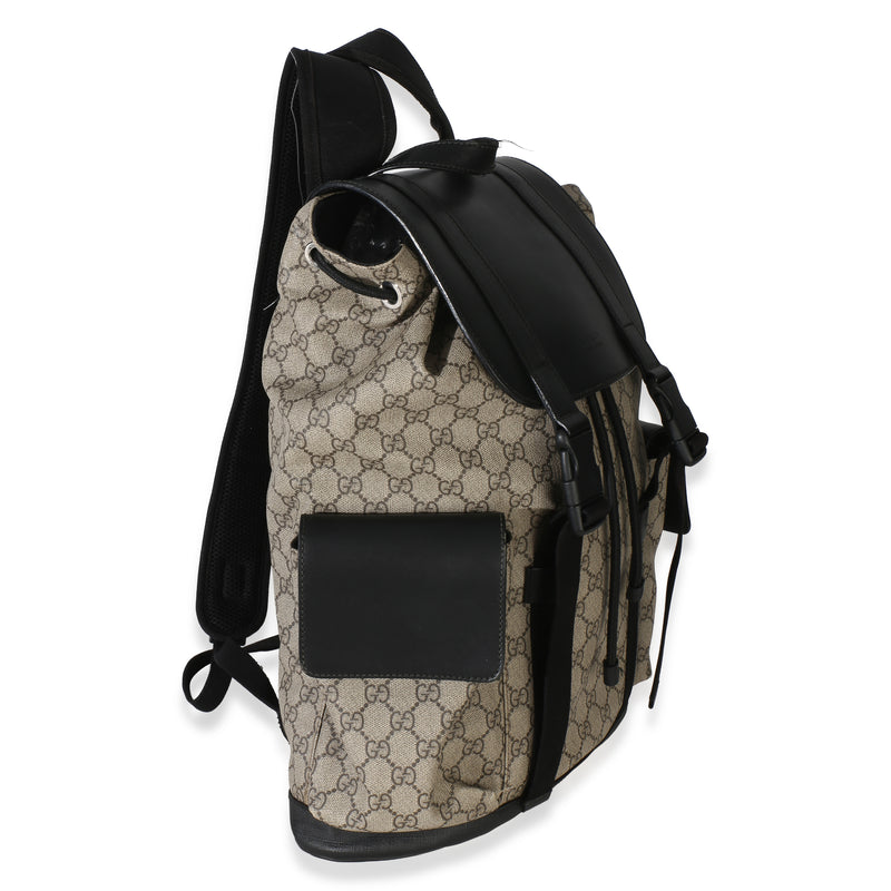 Gucci Beige Black Gg Supreme Canvas Double Buckle Backpack Brown Canvas; Leather Handbag