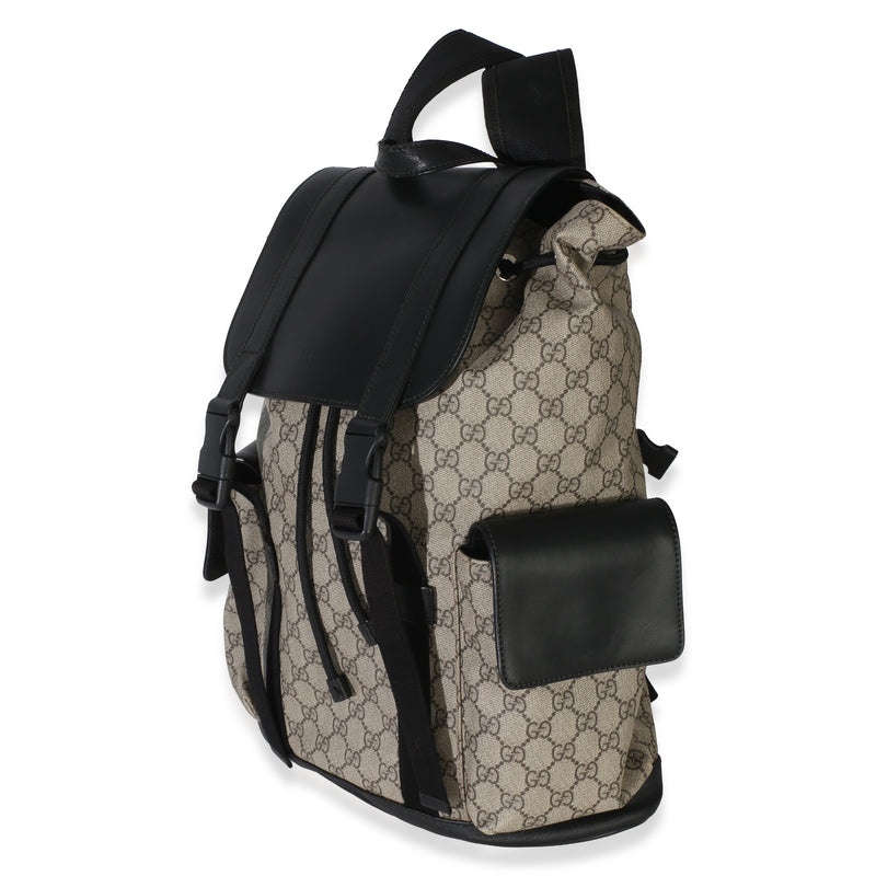 Gucci Beige Black Gg Supreme Canvas Double Buckle Backpack Brown Canvas; Leather Handbag