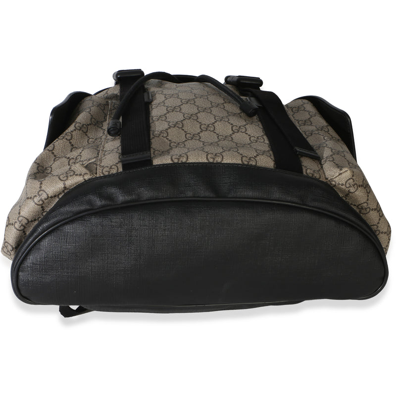 Gucci Beige Black Gg Supreme Canvas Double Buckle Backpack Brown Canvas; Leather Handbag