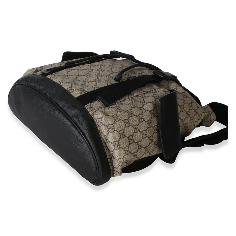 Gucci Beige Black Gg Supreme Canvas Double Buckle Backpack Brown Canvas; Leather Handbag