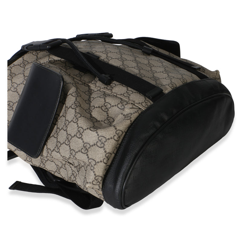 Gucci Beige Black Gg Supreme Canvas Double Buckle Backpack Brown Canvas; Leather Handbag