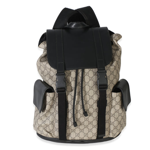 Gucci Beige Black Gg Supreme Canvas Double Buckle Backpack Brown Canvas; Leather Handbag