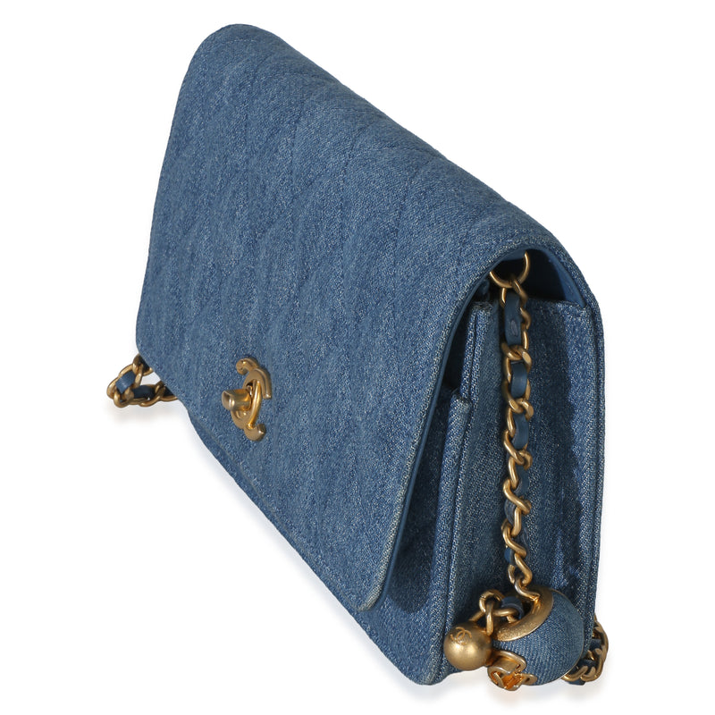 Chanel Blue Denim Quilted Cc Pearl Crush Wallet On Chain Handbag