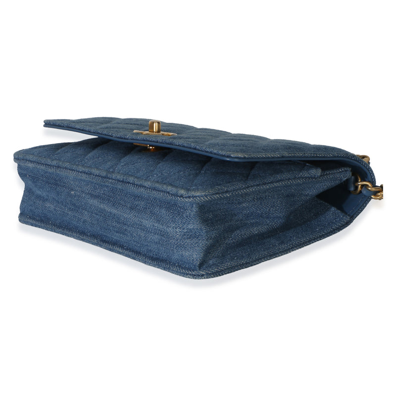 Chanel Blue Denim Quilted Cc Pearl Crush Wallet On Chain Handbag