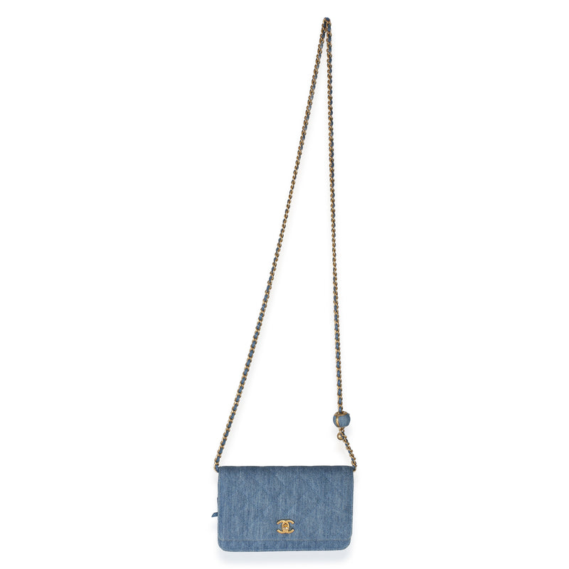 Chanel Blue Denim Quilted Cc Pearl Crush Wallet On Chain Handbag
