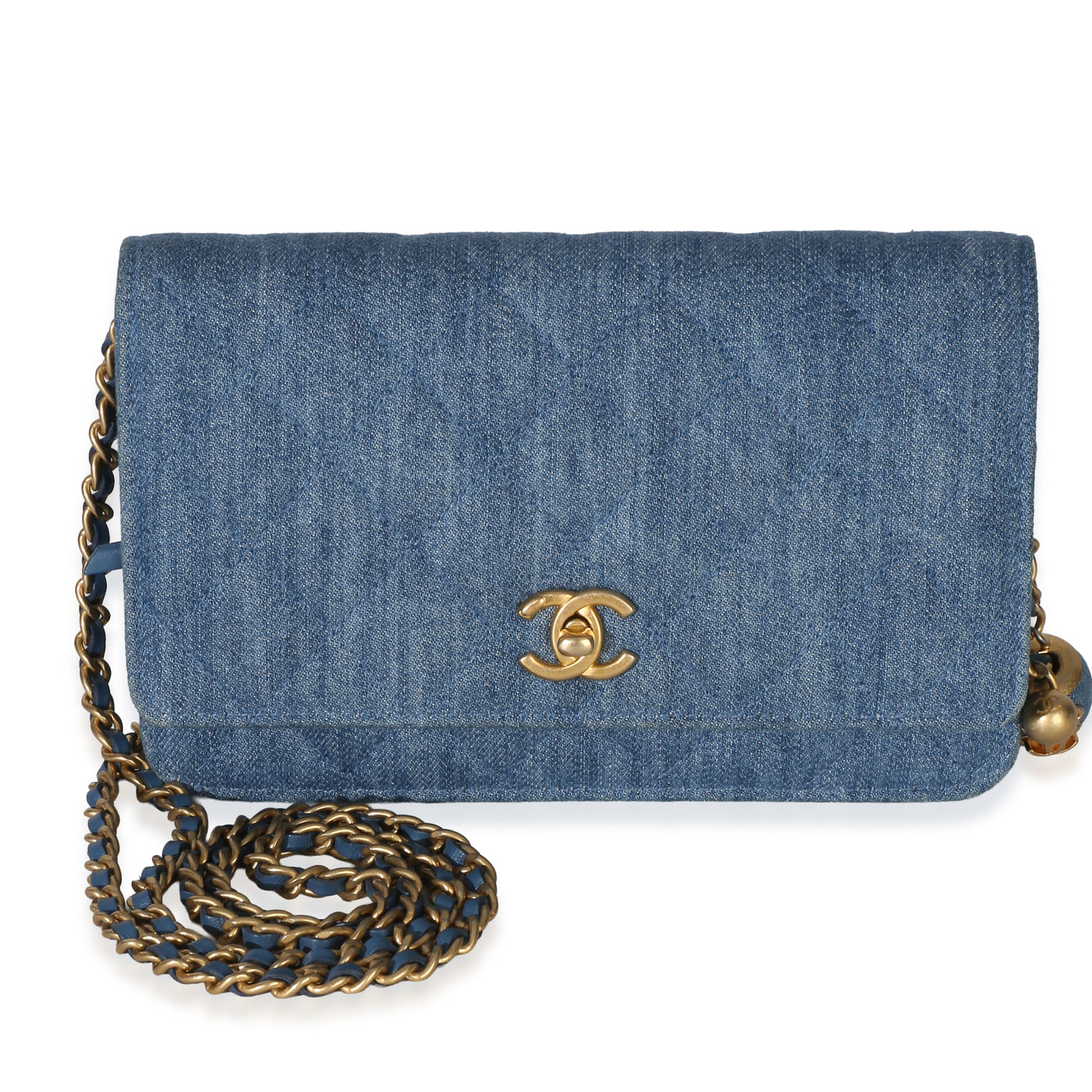 Chanel Blue Denim Quilted Cc Pearl Crush Wallet On Chain Handbag