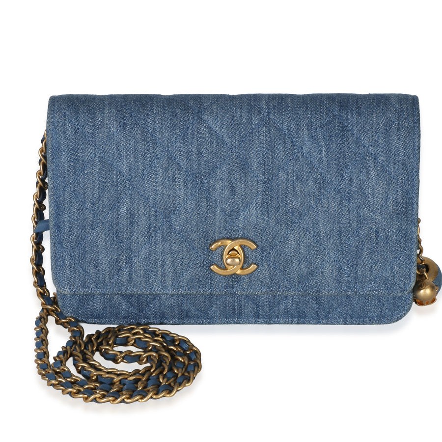 Chanel Blue Denim Quilted Cc Pearl Crush Wallet On Chain Handbag