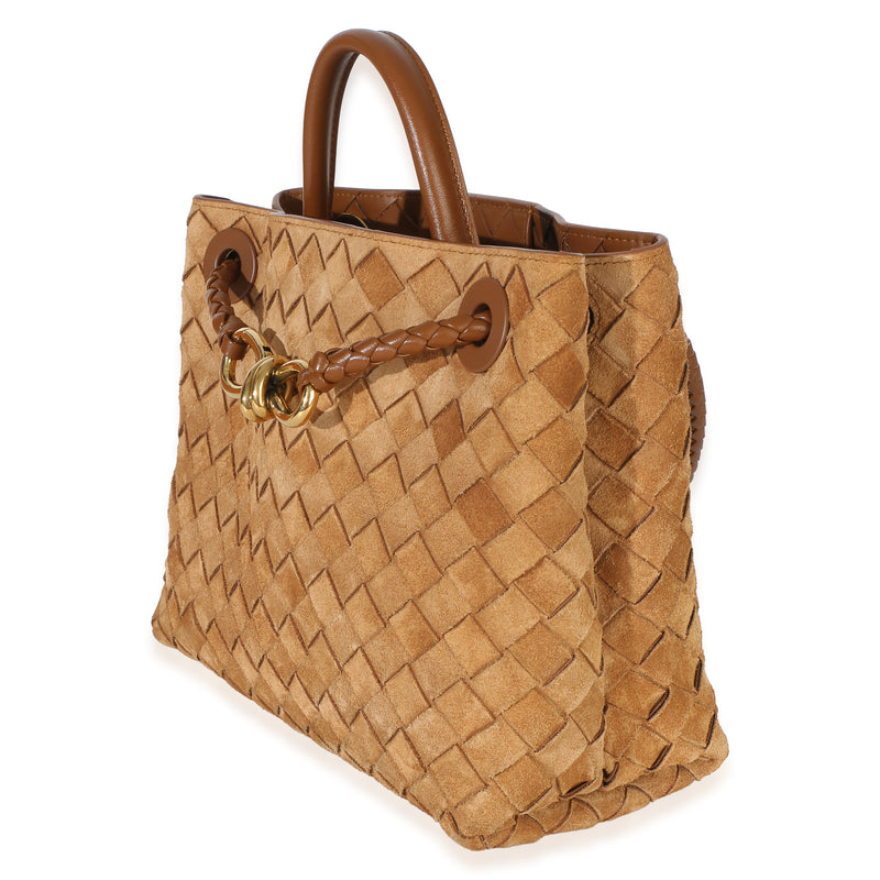 Bottega Veneta Amber Suede Intrecciato Small Andiamo Brown Handbag