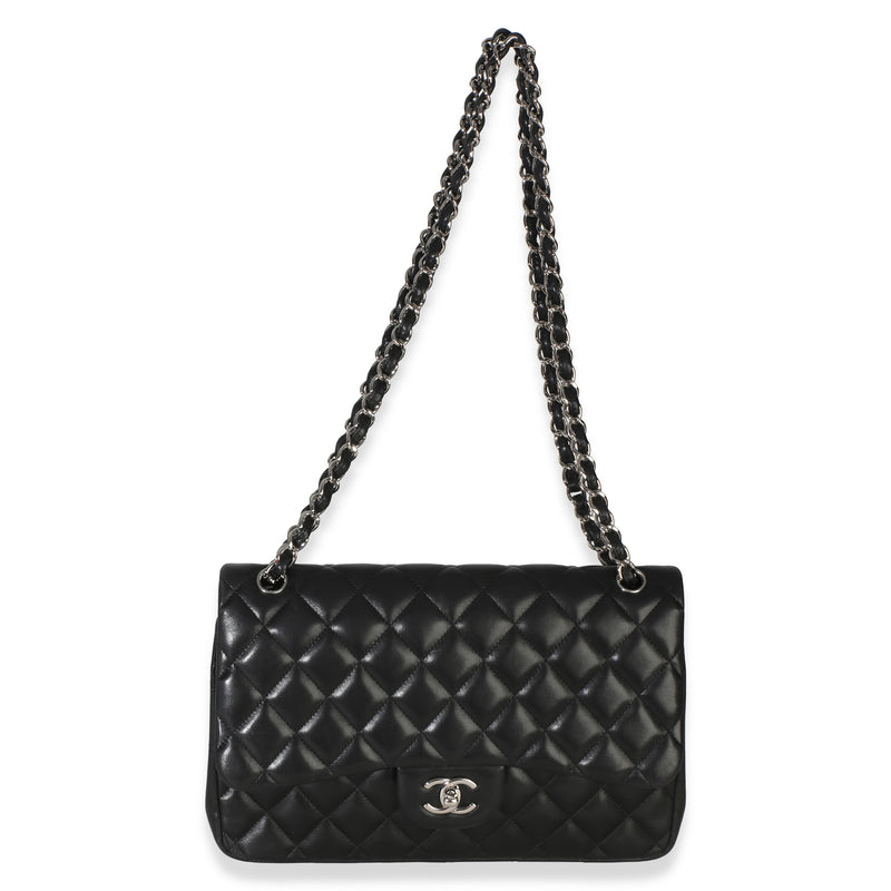 Chanel Black Quilted Lambskin Jumbo Double Flap Bag Leather Handbag
