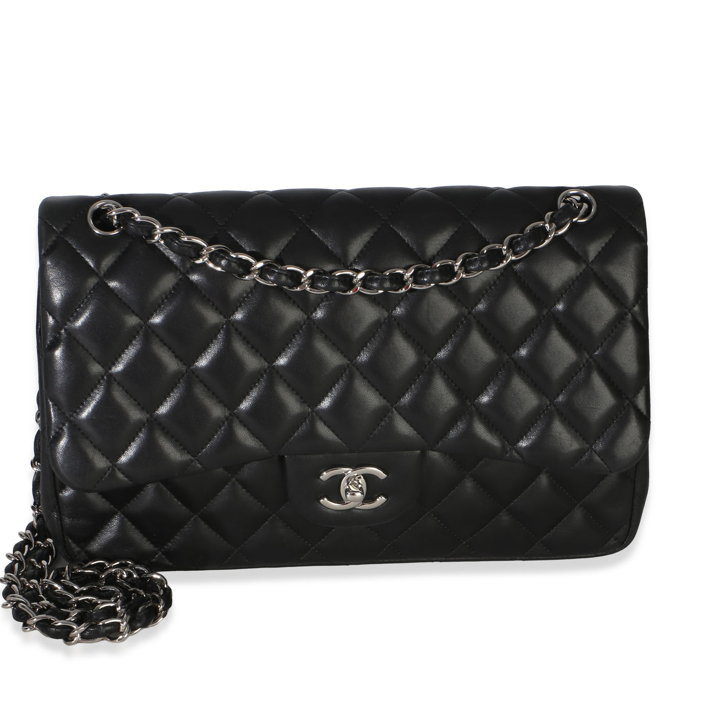 Chanel Black Quilted Lambskin Jumbo Double Flap Bag Leather Handbag
