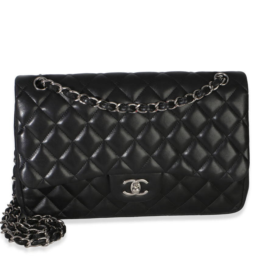 Chanel Black Quilted Lambskin Jumbo Double Flap Bag Leather Handbag