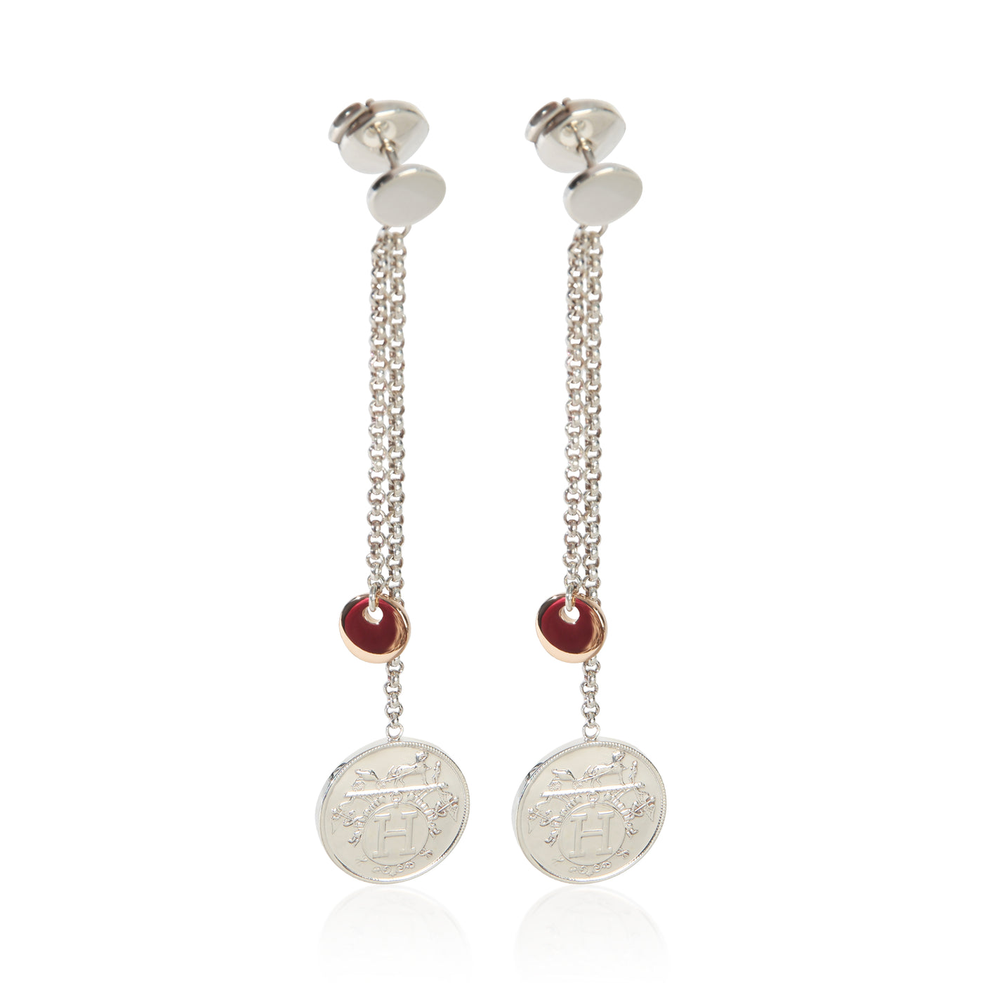 Hermès Rose Gold & Sterling Silver Ex-Libris Drop Earrings 18k