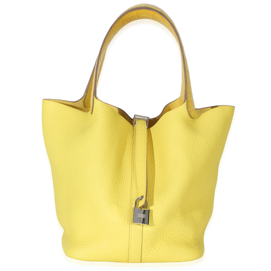 Hermès Lime Mimosa Clemence Niloticus Crocodile Touch Picotin Lock 22 Phw Yellow Leather Handbag