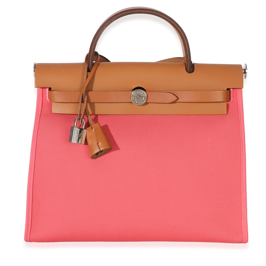 Hermès Rose Azalee Natural Vache Hunter Toile Herbag Zip 31 Pm Phw Pink Canvas Handbag