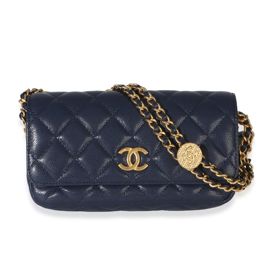 Chanel Navy Quilted Caviar Twist Your Buttons Phone Holder With Chain Blue Leather Handbag