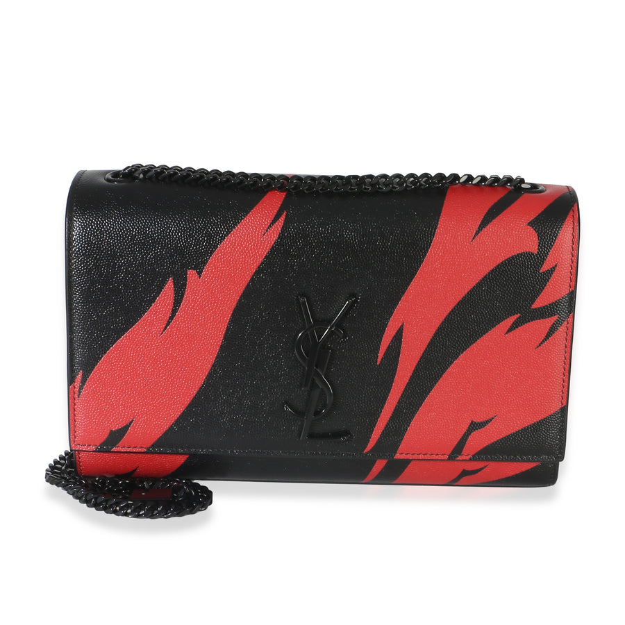 Saint Laurent Black Red Flame Grain De Poudre Medium Kate Chain Bag Leather Handbag