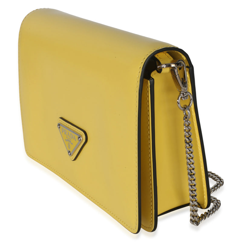 Prada Yellow Spazzolato Triangle Chain Crossbody Leather Handbag