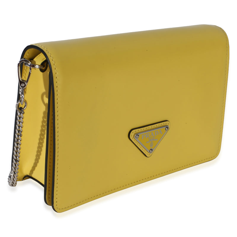 Prada Yellow Spazzolato Triangle Chain Crossbody Leather Handbag