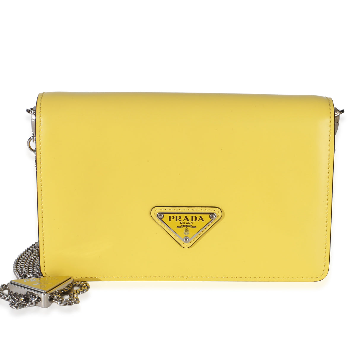 Prada Yellow Spazzolato Triangle Chain Crossbody Leather Handbag