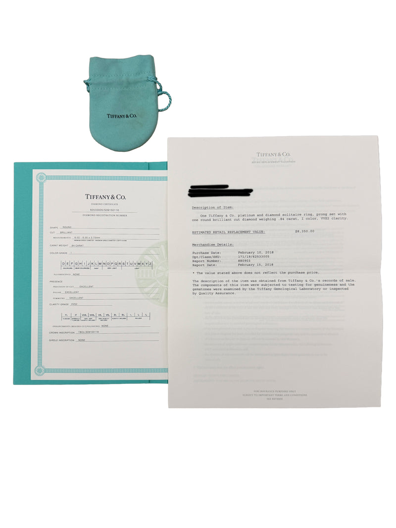 Tiffany & Co. 0.84 Ct Round Brilliant Diamond Engagement Ring 950